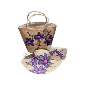 Floral Hand Painted Beach Bag with Matching Hat & Makeup Bag !